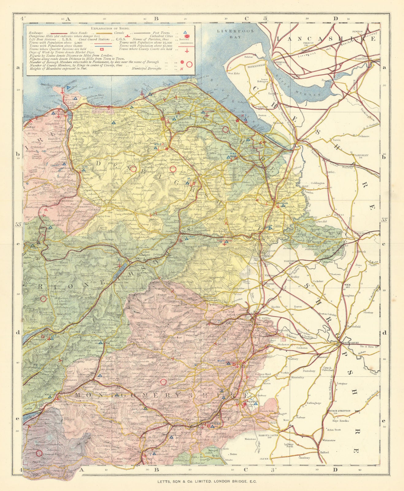 North East Wales showing Post Towns & Market Days. LETTS 1884 old antique map